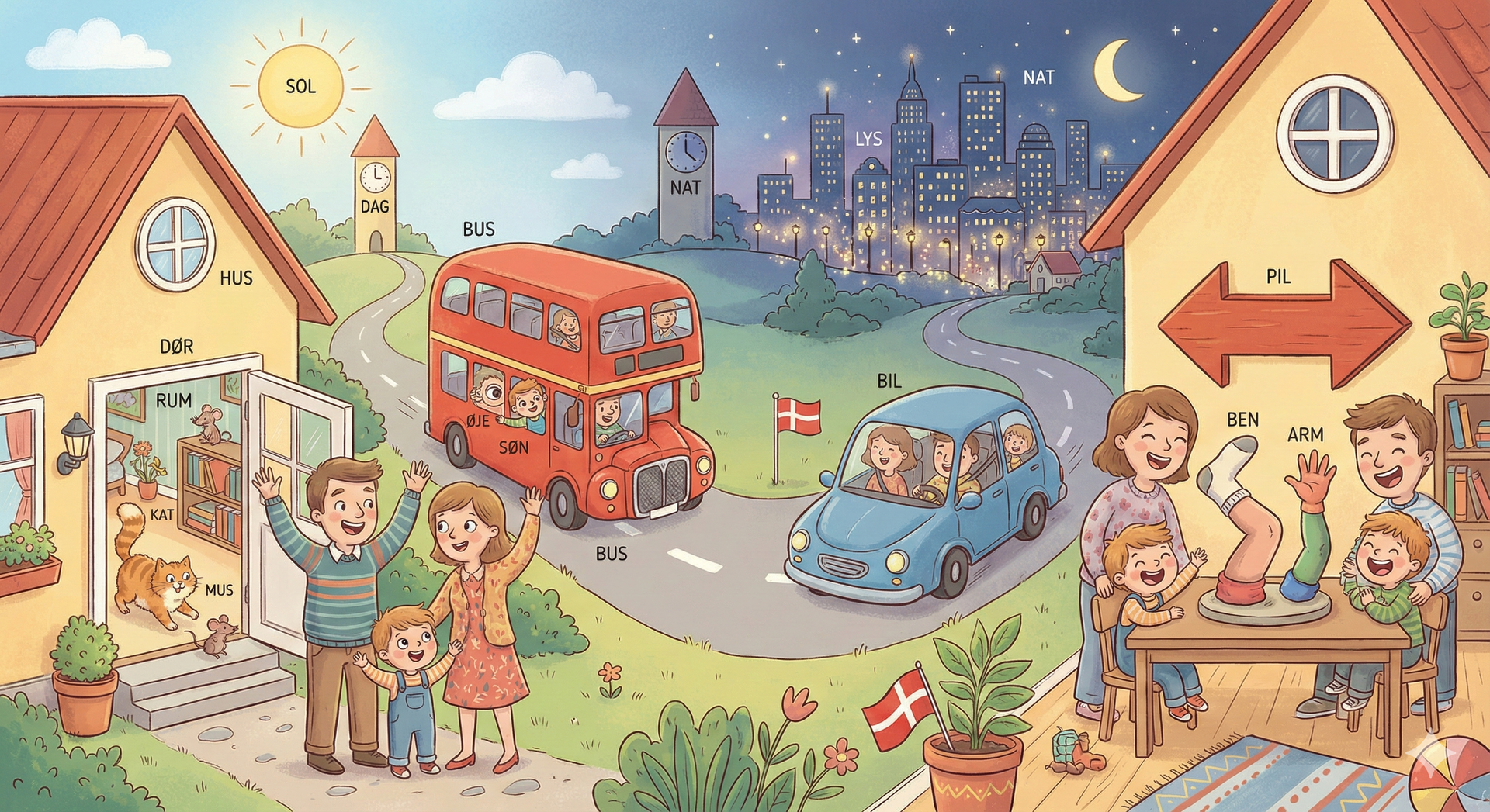 20 Danish 3-Letter Words You’ll Never Forget | One Funny Story (hus, kat, bus & more!) 🇩🇰