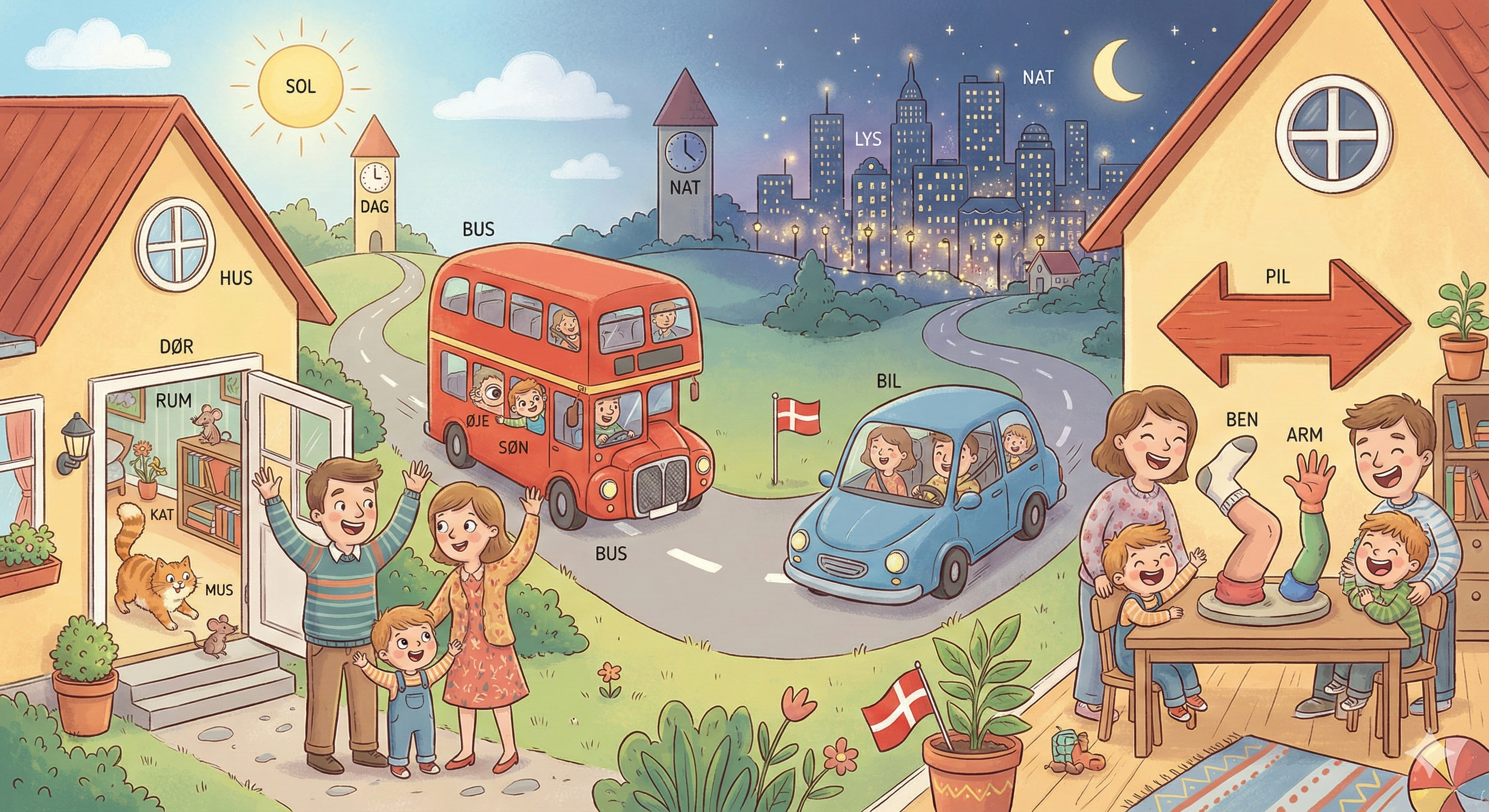 20 Danish 3-Letter Words You’ll Never Forget | One Funny Story (hus, kat, bus & more!) 🇩🇰