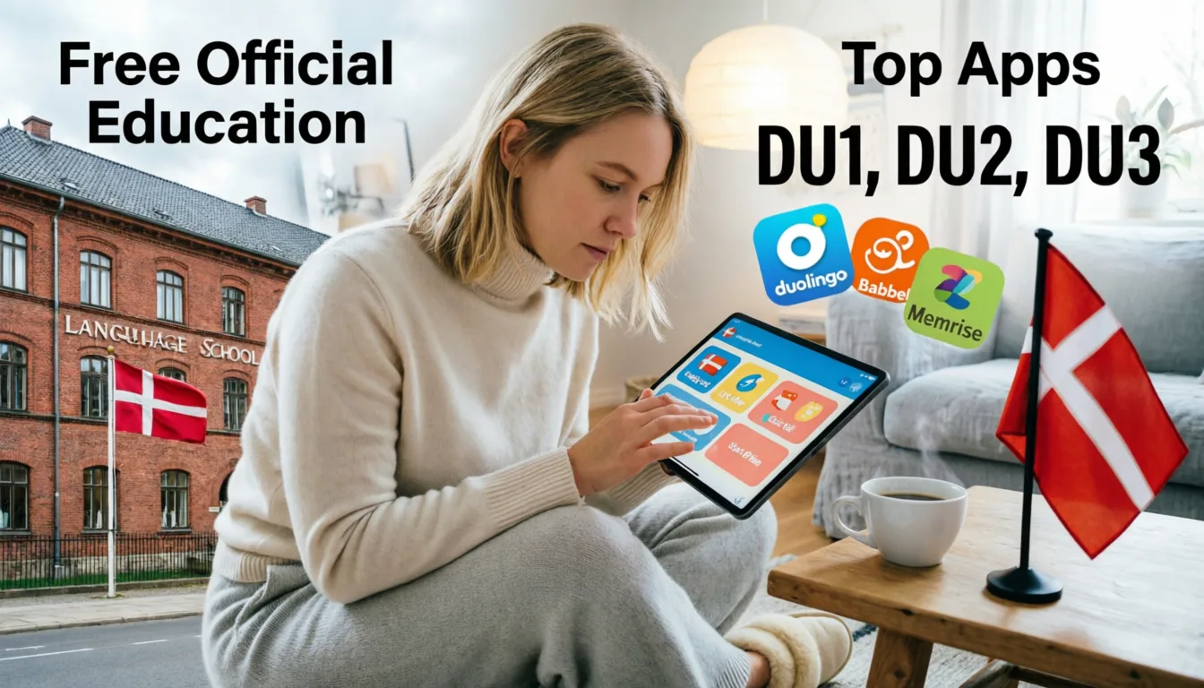 Infographic showing the two main pathways to learn Danish online in 2026: Official Education and Mobile Apps