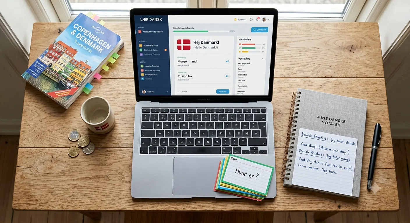 A well-organized study space for learning Danish with digital and physical tools